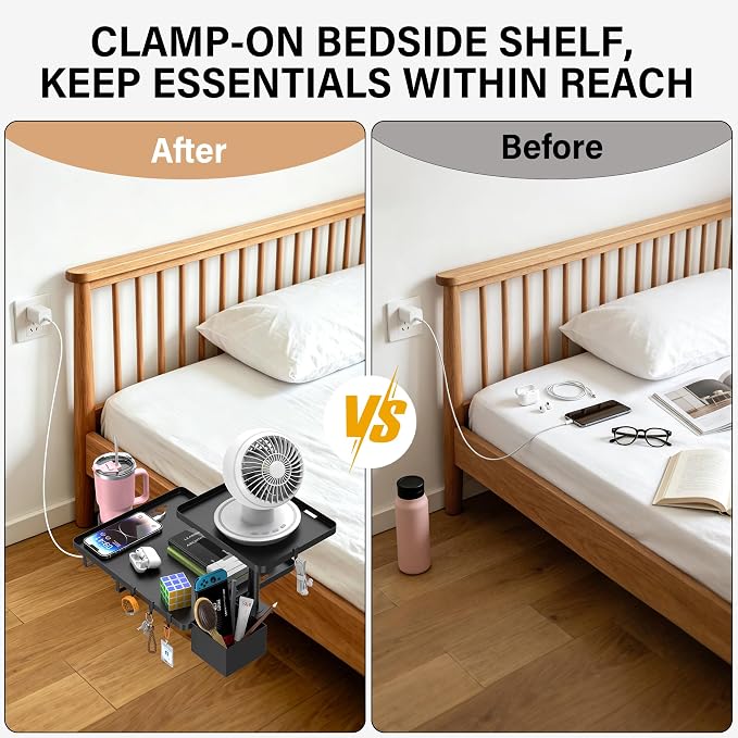 Bedside Shelf Metal Shelf for Dorm Room Clip On (Black) | 2-Tire Fan Shelf College Dorm Room Essentials, Bunk Bed Space Saving Nightstand For Loft Beds With Removable Cup & Holder