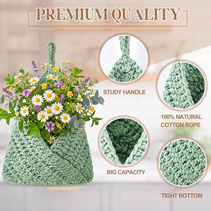 Honeydak 3 Hanging Baskets, Sage Green, Triangle, Cotton Rope | Wicker Wall Baskets with Hooks for Fruit Vegetable Onion Storage, Teardrop Organizer for Kitchen, Boho Farmhouse Decor