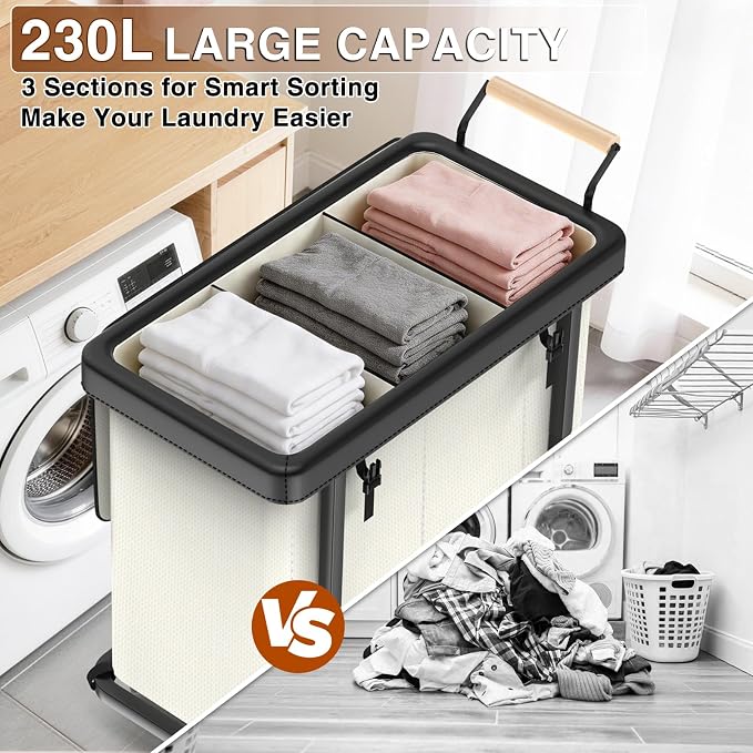 Rolling Laundry Hamper with Wheels,Laundry Hamper 3 Section with Lid Beige
