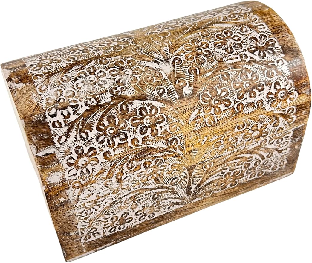 Premium Handmade Wooden Treasure Chest Decorative Trunk for Keepsakes Semicircular Curved Floral Jewellery Box Trinket Box Ladies Jewellery Storage Case Handcrafted Home Decor (White & Brown)