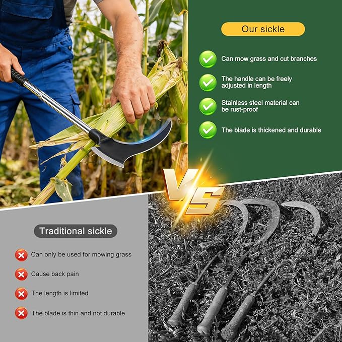 Sickle Weeding Tool-Manual Weeder Tool with Double Blade Head Heavy Duty Garden Hand Tool for Weeding Farm Harvesting Clearing Vines