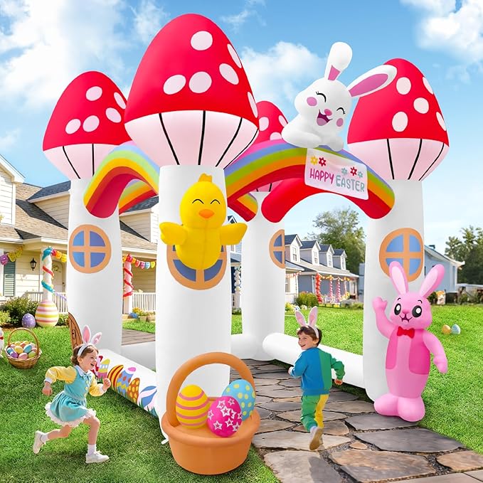Kalolary 10FT Easter Inflatables Bunny Archway, Stereoscopic Mushroom House Arch Inflatable with Built in LED Lights Blow Up Tunnel Easter Outdoor Yard Decoration for Holiday Party Garden Lawn Decors