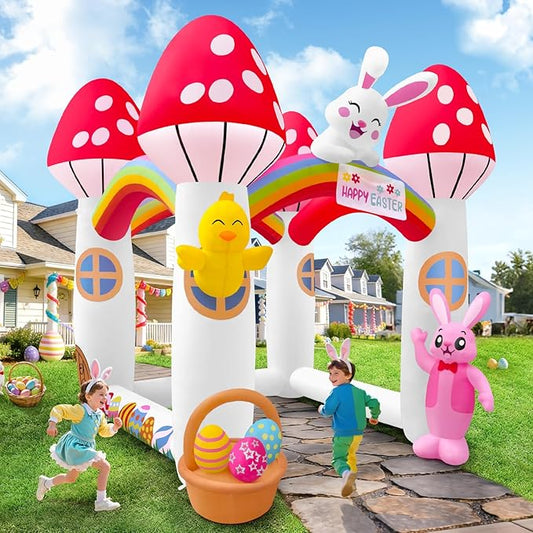Kalolary 10FT Easter Inflatables Bunny Archway, Stereoscopic Mushroom House Arch Inflatable with Built in LED Lights Blow Up Tunnel Easter Outdoor Yard Decoration for Holiday Party Garden Lawn Decors