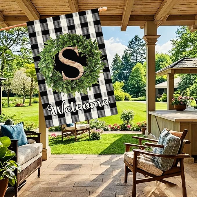 Baccessor Monogram Letter S Garden Flag 28 x 40 Inch, Buffalo Plaid Family Last Name Initial Boxwood Wreath Welcome Vertical Double Sided Large Flags for Outdoor Outside Decoration