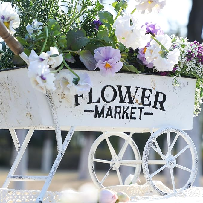 15 Inch Farmhouse Small Flower Cart with Wooden Handles Metal Wagon Planters for Outdoor Plants Decorative Wheelbarrow Plant Cart for Patio Garden Balcony White