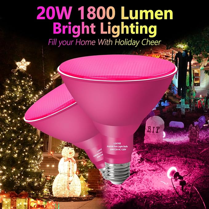 PAR38 Flood Pink Light Bulbs,2 Pack Dimmable,E26 Base Pink Flood Light Outoor(20W Replace to 200W),Halloween Light Bulb for Outside,Christmas,Holiday Lighting