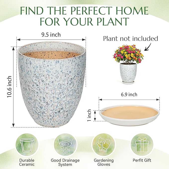 9.5 Inch Flower Pots for Indoor Plants,Ceramic Planter with Saucer Drainage Leak-Proof Mesh Gardening Gloves (Spotted Blue)