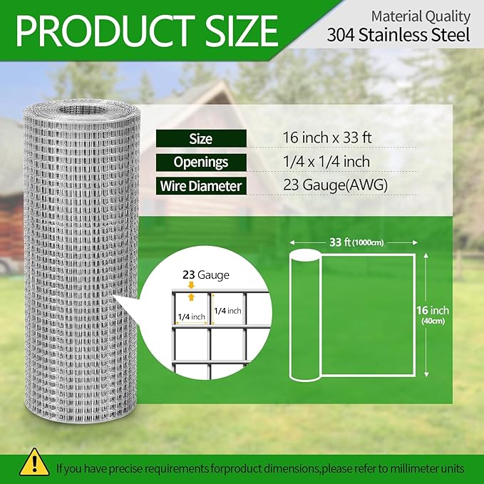 Hardware Cloth 1/4 inch 23 Gauge Small Size 304 Stainless Steel mesh Chicken Welded Wire Fencing Wire Mesh Roll Fencing Garden Fence Squirrel Tunnel Network 16in×33ft