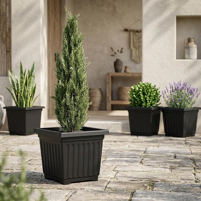 12 Inch Venetian Square Plant Pots with Drainage Holes, Lightweight UV-Resistant Plastic Outdoor Planters, 2-Pack Flower Pots for Patio & Garden Decor, Black