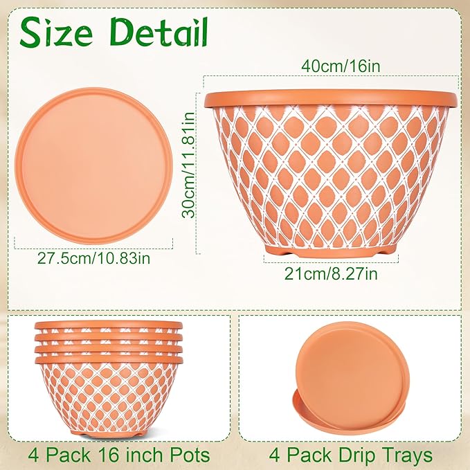 Nooulap 4 Pack 16 Inch Plant Pots, Heavy Duty Large Planters, Durable Plant Pot with Drainage, Indoor Outdoor Flower Pot for Herbs Flowers Trees