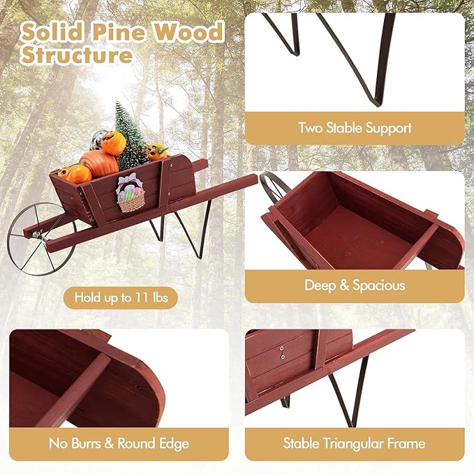 HAPPYGRILL Wooden Wagon Planter, Small Flower Planter Box w/Triangular Metal Support, 2 Energy-Saving Handles, Movable Wheel, Wood Wheelbarrow Cart Pot for Garden Backyard Holiday (Red)