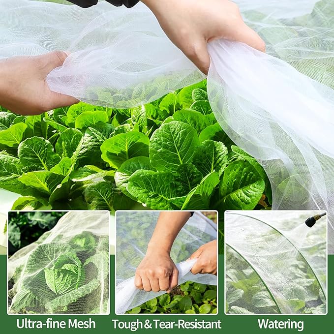 Garden Netting Kit for Raised Bed, 8X20FT Ultra Fine Mesh Netting with 6 Sets Garden Hoops & 18pcs Clips, Reusable Plant Row Cover Bird Netting for Garden Protection