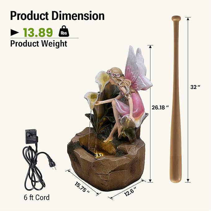 26-Inch Outdoor Water Fountain, Garden Flower Fairy Resin Waterfall Fountain with LED Light, Elegant Fantasy Outdoor Water Feature for Backyard, Lawn, Deck, Patio, Balcony in Pink, Gift Ideas