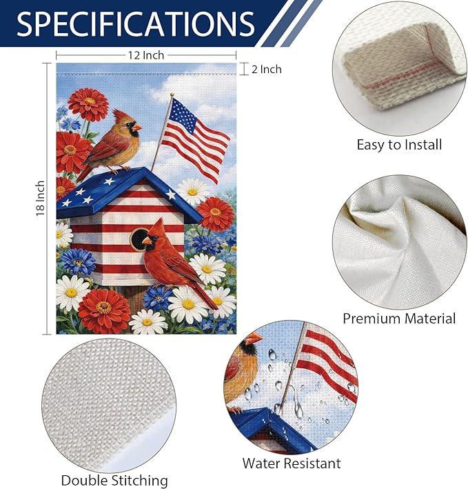 Heyfibro 4th of July Cardinals Patriotic Garden Flag 12x18 Double Sided Burlap, Birdhouse Red White & Blue Daisy Floral Yard Banner for Rustic Independence Day Outdoor Decor (ONLY FLAG)