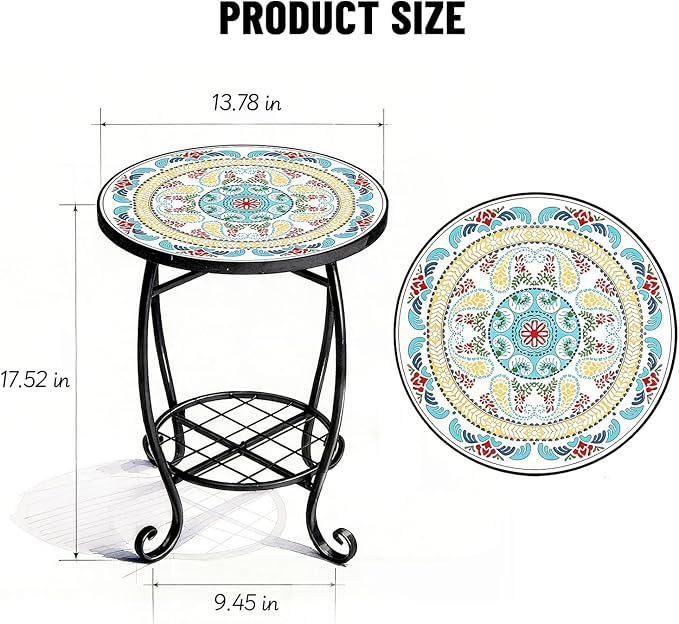 VINGLI Outdoor Side Table for Patio, Small Outdoor Table with Storage Shelf, Heavy Duty Metal Frame Patio Side Table for Outside Balcony Garden Porch (Celadon Flower Realm)