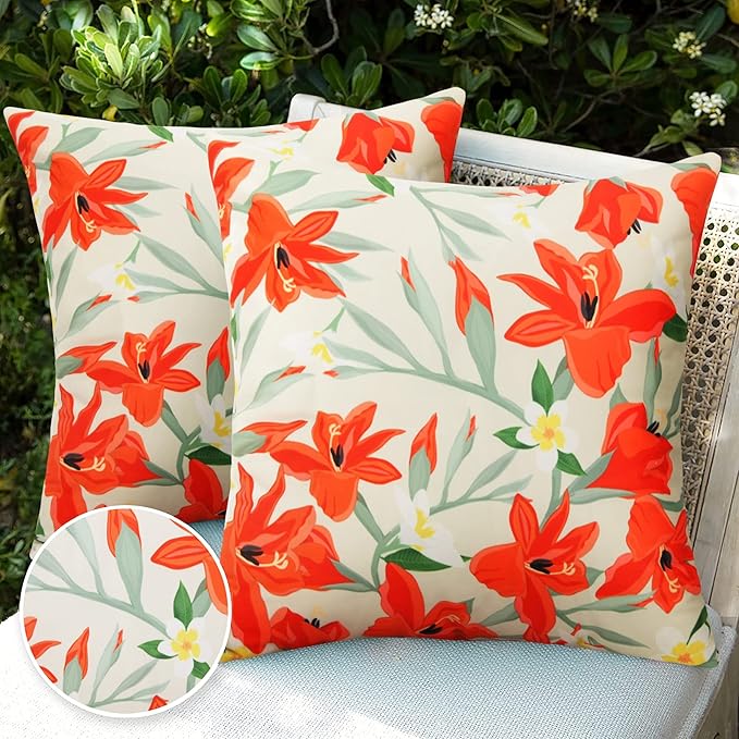 Pyonic Outdoor Pillows Covers Pack of 2 Spring Floral Waterproof Throw Pillow Covers 18X18 inch Outdoor Pillows for Patio Furniture Garden Square Outside Waterproof Pillow