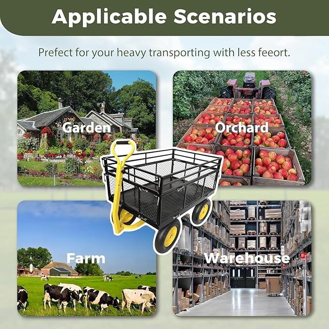Heavy Duty 1400 lbs Capacity Steel Garden Cart with Removable Mesh Sides & 16" Tires, Convertible Flatbed Utility Wagon for Farm, Yard, Lawn, and Beach Use, Yellow