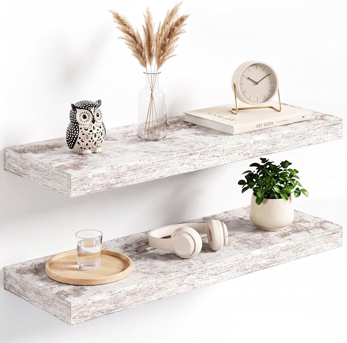 24x8in Floating Shelves 2 Pack, Wall Mount Display Shelf, White Washed | Invisible Brackets, 22lb Sturdy MDF, 24in Long, Easy Install, For Bedroom, Bathroom, Living Room, Kitchen & Office