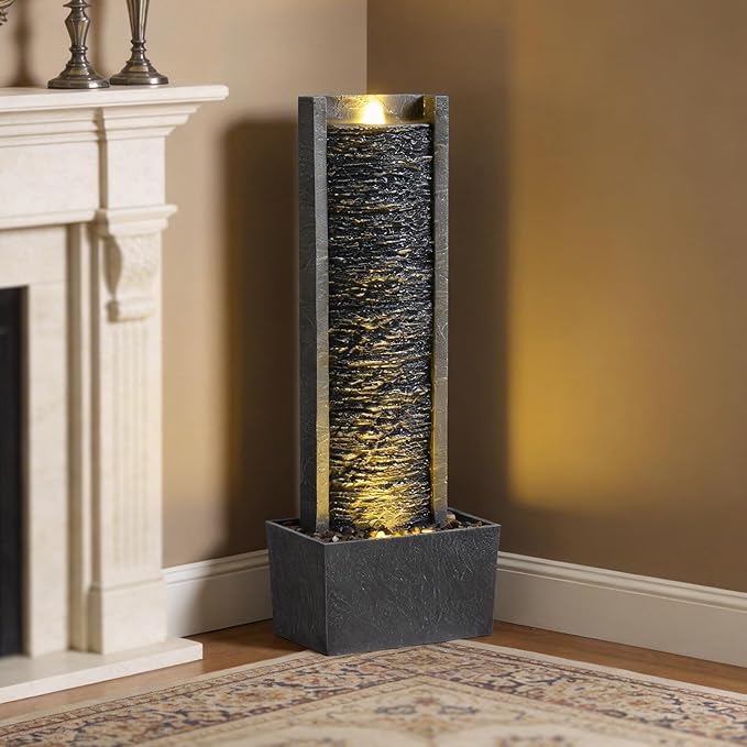 Outdoor Floor Standing Water Fountain with LED Lights, 36-Inch Modern Rectangular Cascading Waterfall Feature for Garden, Patio, Backyard, Deck & Home Decor, Durable Resin Stone-Look Finish