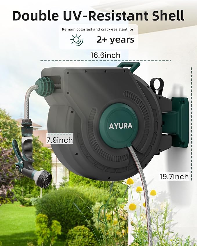 AYURA Retractable Garden Hose Reel 100 ft x 1/2 inch with Pro Metal Shaft, Heavy Duty Automatic Garden Hose Reels with Kink-Free Rewind and Lock at Any Length (Green, 50FT)