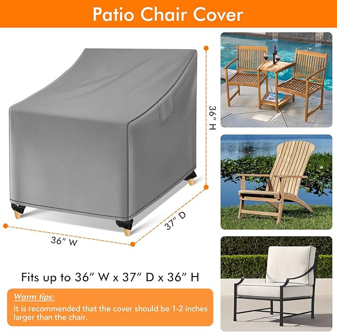 WLEAFJ Outdoor Chair Covers Waterproof, Gray Lawn Patio Furniture Covers, Heavy Duty Wicker Garden Sofa Chair Cover, 2 Pack - 36" W x 37" D x 36" H