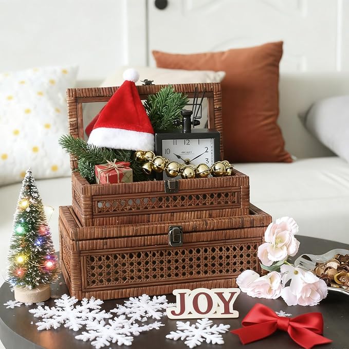 DECOR4SEASON Set of 2 Rattan and Cane Stacking Boxes,Brown,12"&14" | With Glass Top Lid,For Boho and Rustic Farmhouse Decor,Ideal for Storing Jewelry, Toys, and Keepsakes