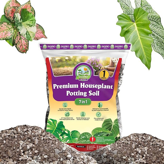 DUSPRO Recycle 1QRT Pre-Mixed House Plant Potting Mix 7in1 with Potting Soil Indoor Plants, Tropical Indoor Potting Soil with Pine Bark, Pumice, Coco Coir, Perlite, Worm Castings, Gypsum, Peat Moss