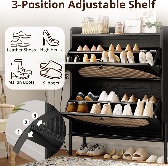 IRONCK Rattan Shoe Cabinet Storage with 2 Flip Drawers, Black