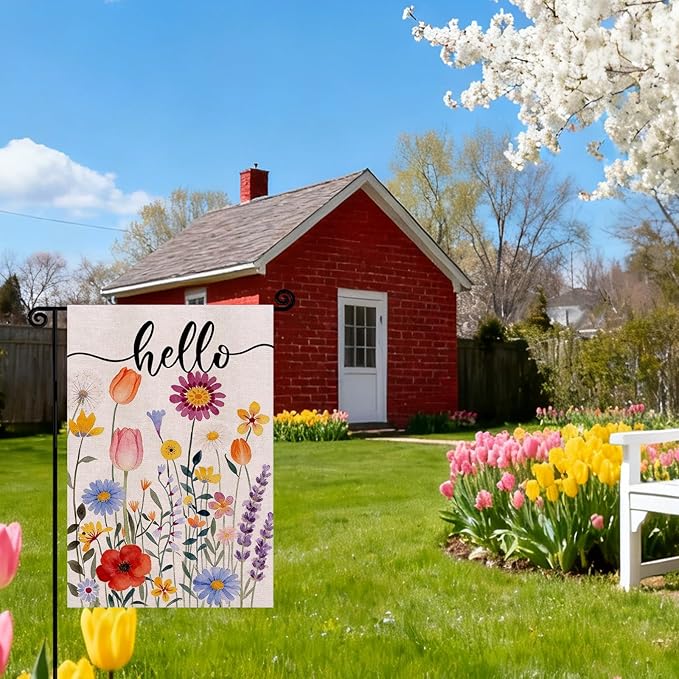 Hello Spring Floral Garden Flag 12x18 Inch Double Sided, Colorful Floral Summer Farmhouse Holiday Yard Outdoor Decorative Flag for Outesid