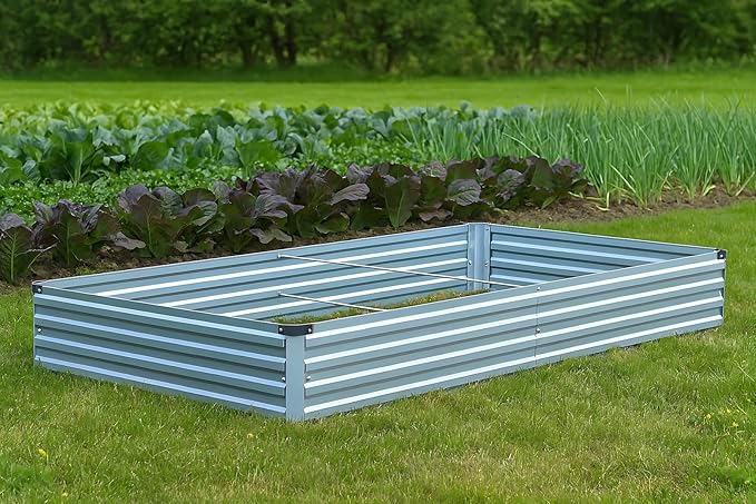 Meberam 2 Pack 8x4x1FT Galvanized Raised Garden Bed Kit, Outdoor Metal Planter Box for Vegetables, Bottomless Rectangular Gardening Bed with Support Rods, Tool-Free Assembly, Gray