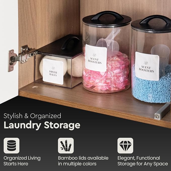 Laundry Pod Storage Container Set | Two 3L Glass Jars & One Acrylic Dryer Sheet Container with Bamboo Lids – Includes 2 Scoops, 60 Waterproof Laundry Labels – Dishwasher Safe