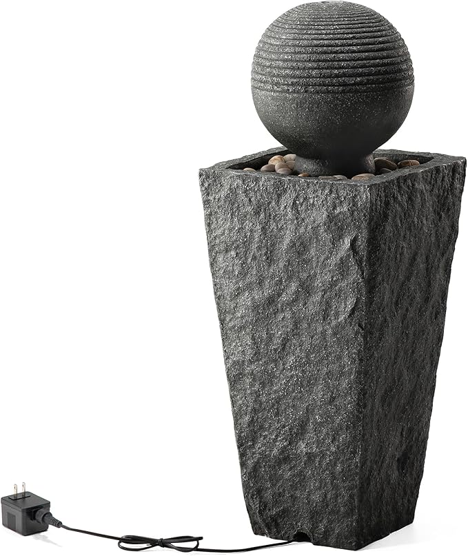 Glitzhome Outdoor Water Fountain, Outdoor Fountain with Pebbles, Pump and LED Light, 31.75" H Modern Geometric Pedestal and Sphere Polyresin Waterfall Fountain for Patio, Backyard, Garden, Deck Decor