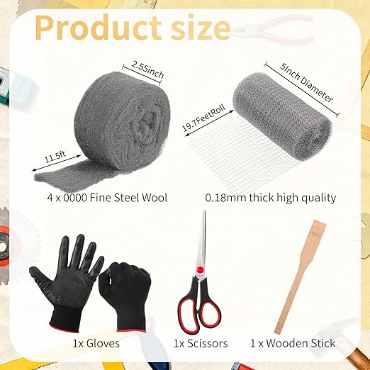 Steel Wool for Mice Control Mesh Rodent Control Kit 1 Pack Rustproof Mesh Roll and 0000 Steel Wool Mouse Hole Filler with Gloves, Scissors for House Garden Home Garage(5in X 19.7ft)