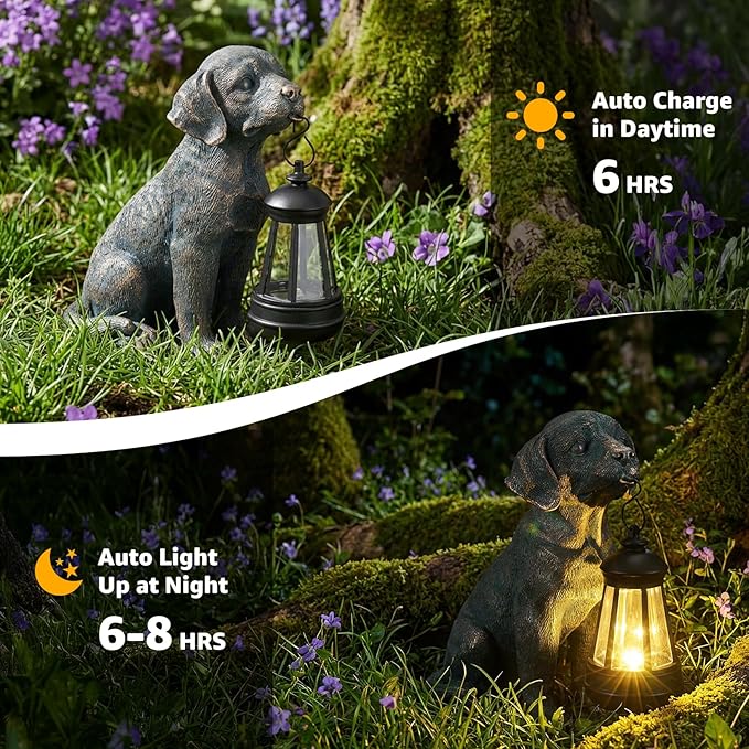 Lyeasw Solar Dog Statues with Lantern – 8.4 inch Waterproof Outdoor Dog Decor for Garden, Yard & Porch, Auto On/Off Solar Light, Gift for Mom & Dog Lovers, Dog Memorial Gifts