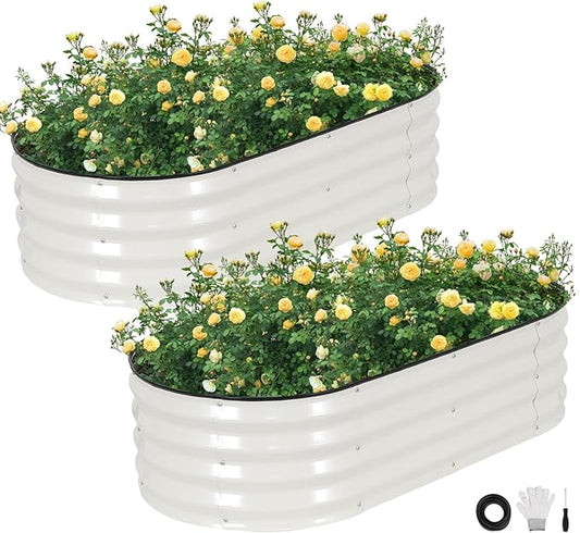 STBoo Galvanized Raised Garden Bed Outdoor, 2Pcs 4x2x1ft Oval Planter Box with Rubber Strip,Metal Raised Bed Kit for Vegetables Flowers Herbs, White
