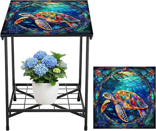 Cinnvoice Outdoor Side Table 2-Tier Storage Square Small Mosaic Patio Accent Indoor End Plant Coffee Tea Table for Yard Patio Porch Garden Living Room, Bedroom(Turtle Style)