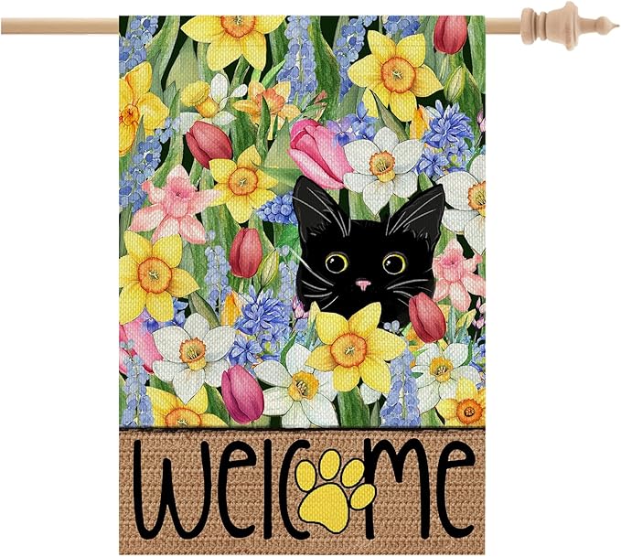 CROWNED BEAUTY Spring Summer House Flag Black Cat Double Sided 28x40 Inches Large Burlap Welcome Holiday Seasonal Yard Decoration for Outside Porch