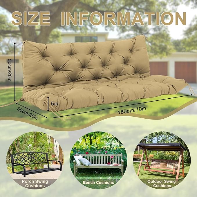 Premium 5" Thick Waterproof Porch Swing Cushions Sturdy Durable 2-3 Seat Replacement Outdoor Swing Cushions with Backrest&Ties Bench Cushion for Outdoor Furniture Backyard Patio Garden (Khaki)