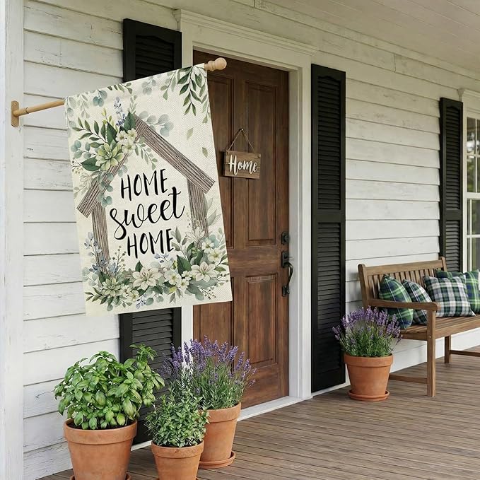 CROWNED BEAUTY Spring Home Sweet Home House Flag Eucalyptus Double Sided 28x40 Inches Large Burlap Welcome Holiday Seasonal Yard Decoration for Outside Porch