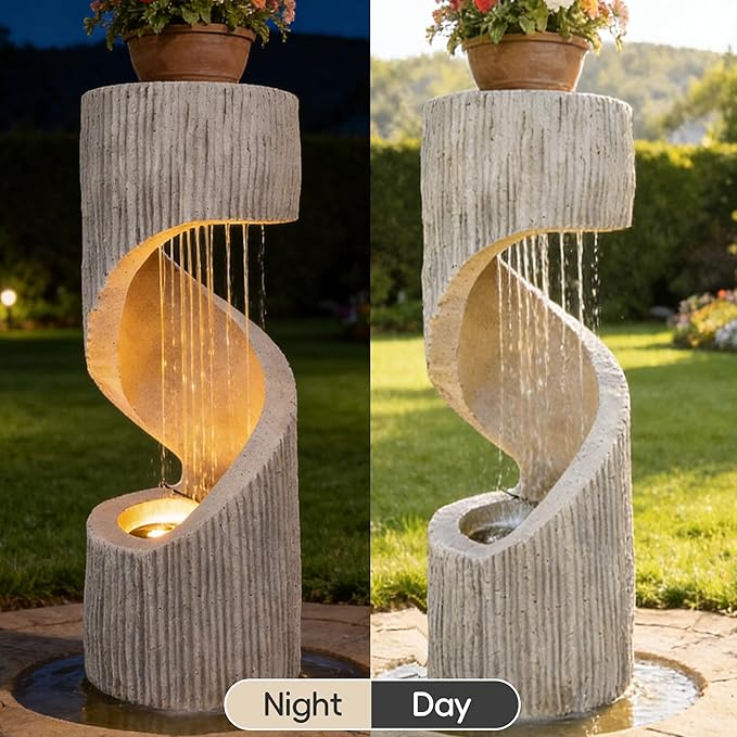 Modern S-Shaped Outdoor Fountain with LED Light, 40” Tall Spiral Column Waterfall Feature with Flat Top for Plant Display, Decorative Water Fountain for Garden, Patio