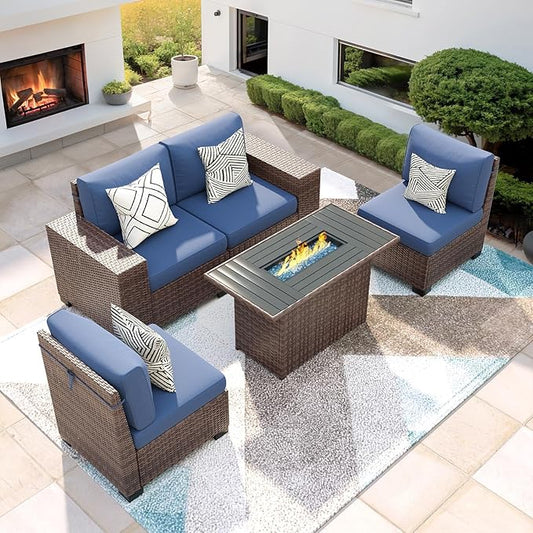 5 Piece Patio with Fire Pit Table, Wide Armrest Modular Outdoor Conversation Brown PE Wicker Rattan Sectional Sofa, 4" Thickened Cushion, Navy Blue