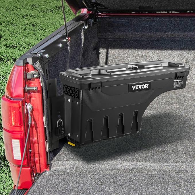 VEVOR Truck Bed Storage Box, Compatible with Dodge Ram 1500 2019-2021 L, Waterproof ABS Wheel Well Tool Box with Lockable Lid and Password Padlock, 6.6 Gal/25 L Truck Bed Toolbox, Driver Side, Black