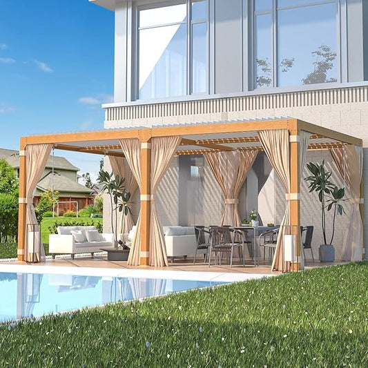 EROMMY Louvered Pergola 12x20, Outdoor Aluminum Pergola with Adjustable Rainproof Roof for Garden, Patio, Deck, Waterproof Curtains and Netting Included, Wood Grain