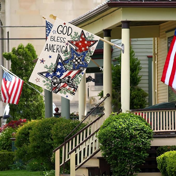 4th of July House Flag 28x40 Inch Double Sided Outside God Bless America Patriotic Stars Eucalyptus Memorial Day Independence Day Holiday Outdoor Yard Decoration