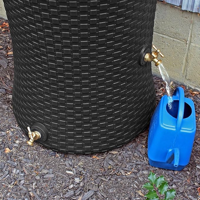 Good Ideas Impressions 50 Gallon Nantucket Outdoor Home Rain Barrel Water Storage Collector with Garden Planter and Brass Spigot, Black (2 Pack)