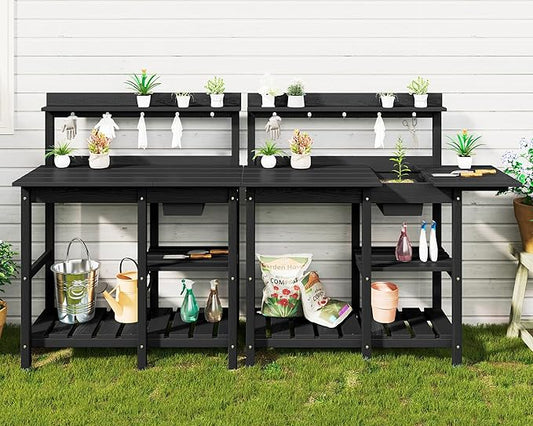 SERWALL Outdoor Potting Bench 2-Piece Set, Rot-Resistant HDPE Potting Table with Removable Sink for Outside Gardening, All-Weather Use - Black