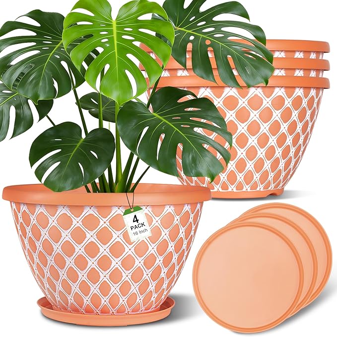 Nooulap 4 Pack 16 Inch Plant Pots, Heavy Duty Large Planters, Durable Plant Pot with Drainage, Indoor Outdoor Flower Pot for Herbs Flowers Trees