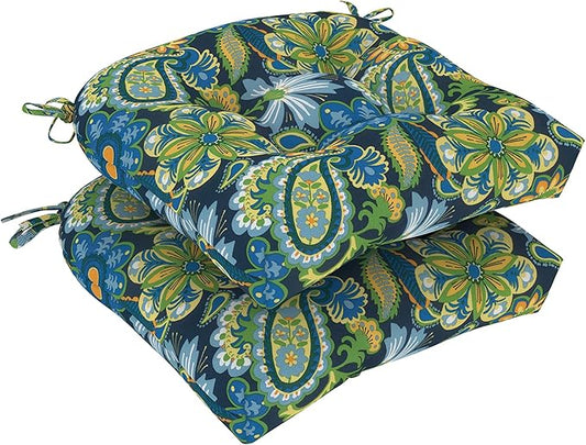 DYTXIII Set of 2 Outdoor Chair Cushions 19"x19"x4", Water Repellent Tufted Patio Seat Cushions with Ties, Thick Replacement Pads for Wicker Dining Chairs, Patio Furniture, Flower Child