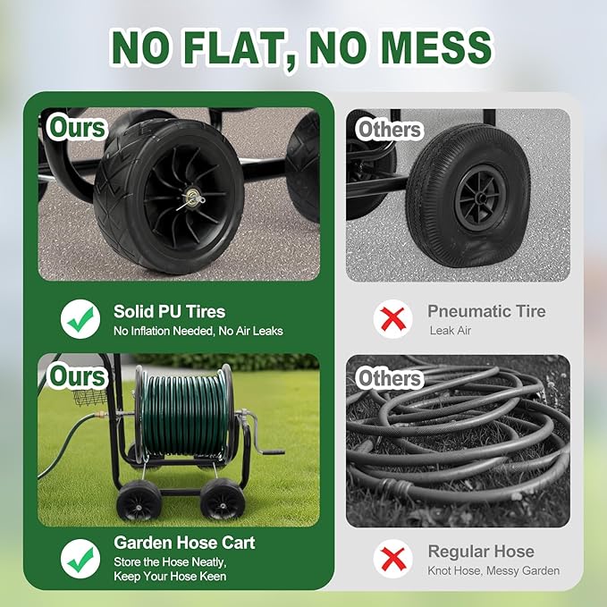 VINGLI 4-Wheel Garden Hose Reel Cart with Storage Basket, Portable Residential Hose Reel Cart, Lawn Watering, for Garden Backyard and Farm