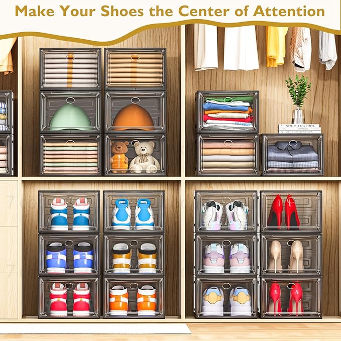 Sturdy Clear Shoe Organizer with Magnetic Door, Stackable Shoe Storage Box